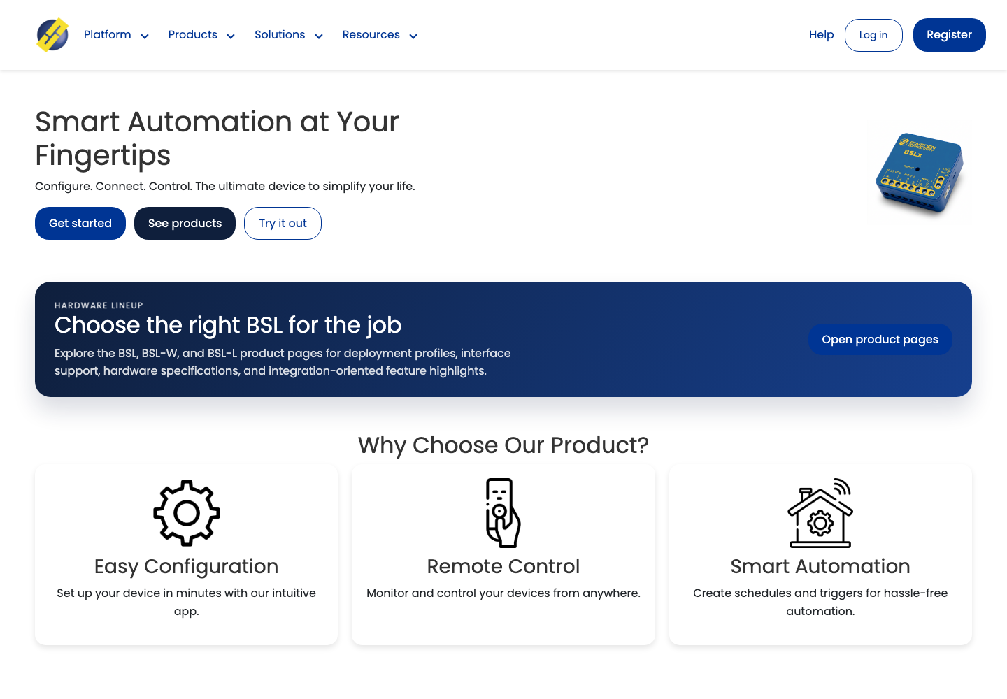 BSL Portal start page showing the BSL controller, product navigation and automation features